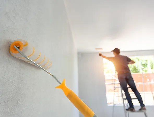 A person paints a sunlit room with a roller on a white wall. Another person stands on a ladder in the background near a window, suggesting renovation work.
