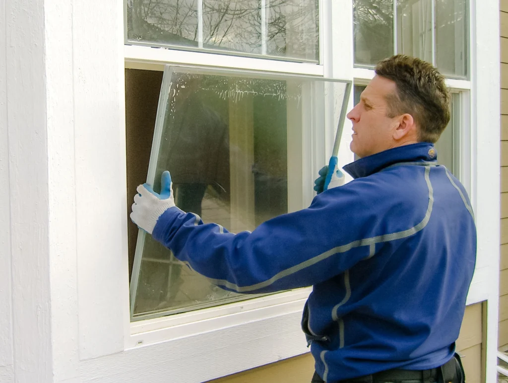 A man carefully removing broken glass and installing a new pane, ensuring a secure and clear window replacement.