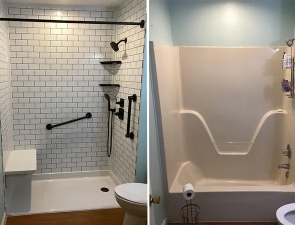 A modern corner walk-in shower with seamless glass enclosures and refined tile finishes, offering both functionality and contemporary style.
