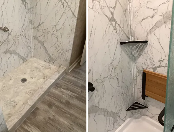 A sleek corner walk-in shower with frameless glass walls, clean tilework, and easy access, maximizing space and modern comfort.