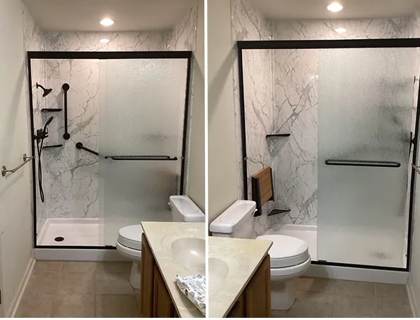 Split image of a bathroom showing a modern shower with marble-patterned walls and frosted glass doors. Left view shows shower head; right view shows toilet.
