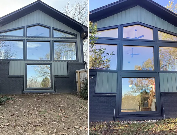 Side-by-side images show a house exterior before and after renovation. The left image has patchy grass, while the right shows vibrant greenery and clearer windows, creating a refreshed look.