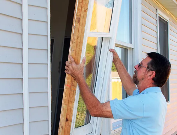 A man carefully removing an old window and installing a new one, ensuring proper fit and energy efficiency.