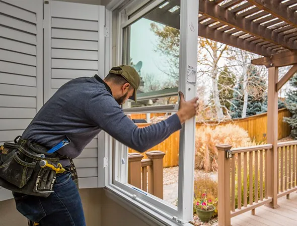 A man precisely fitting a window frame into place, ensuring a secure and level installation.
